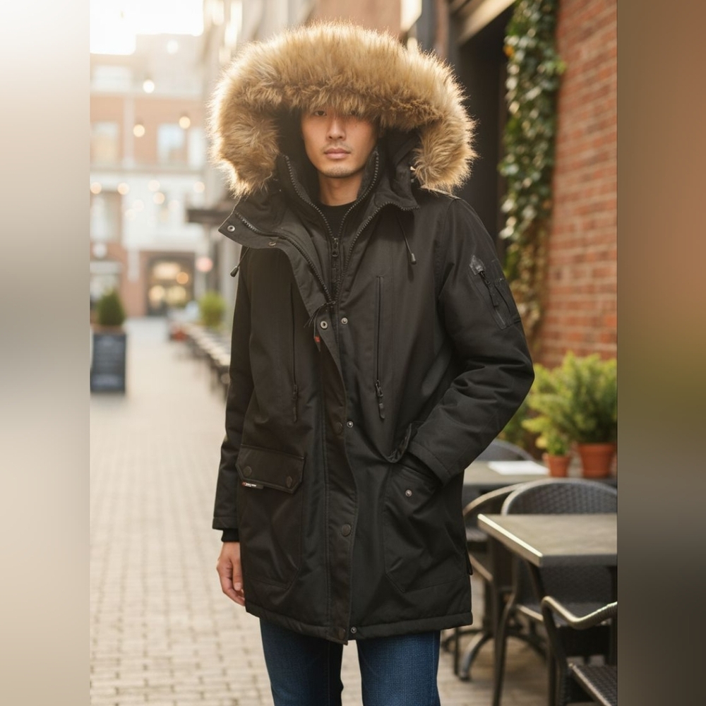 PINZEL Technical Mens Long Puffer Coat Parka Warm Winter Coat Faux Fur Hood XL